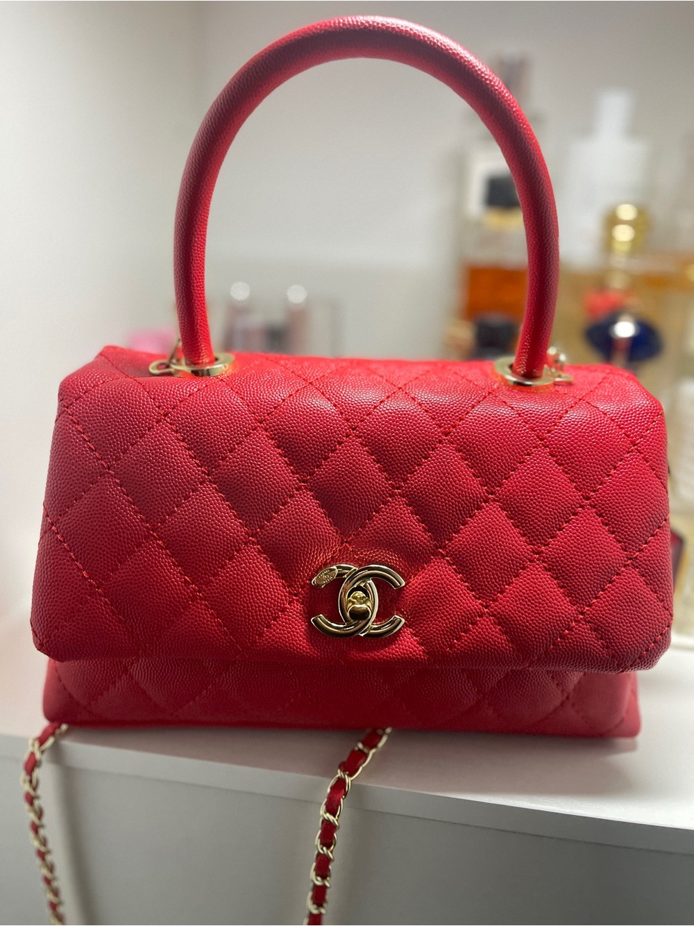 Red Quilted Satchel Purse with Chain Strap
